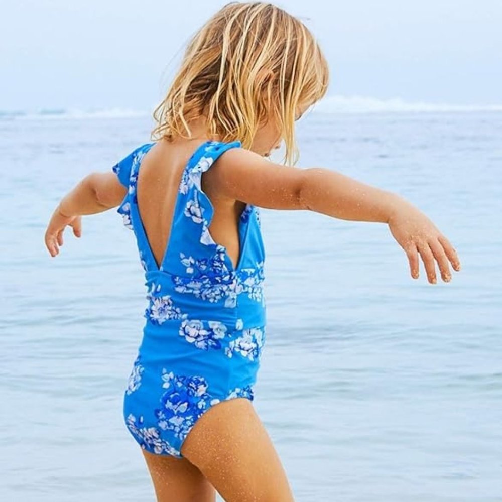 NWOT Cupshe Girls Blue Fuffle Floral One Piece Swimsuit